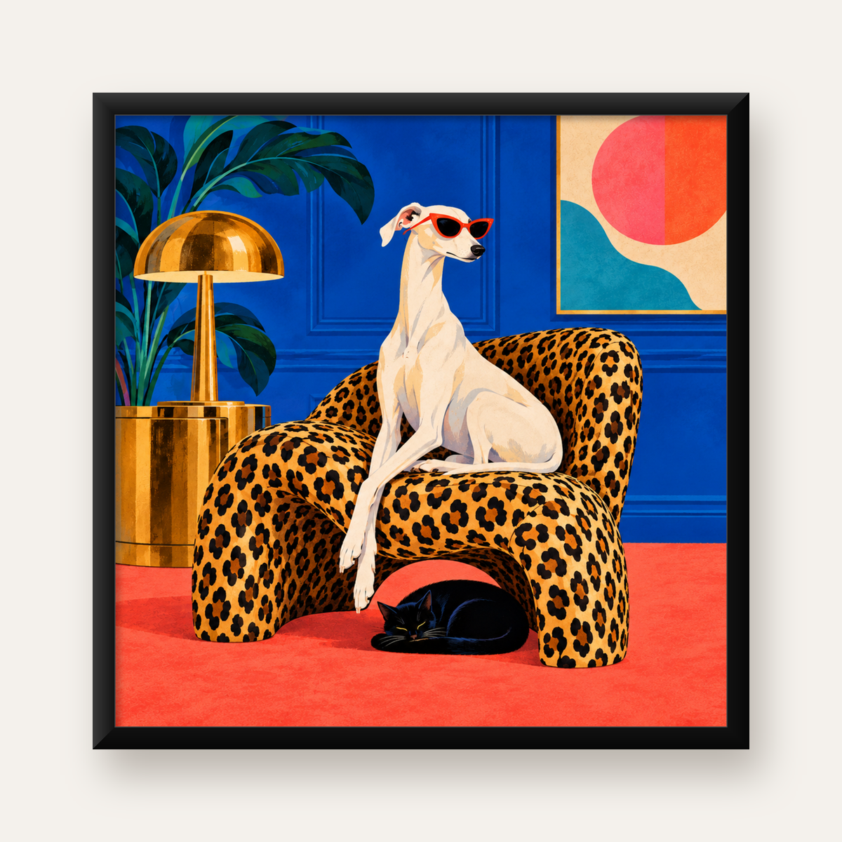 Retro Salon: Şık Köpekli ve Kedili Modern Sanat Poster — Kare baskı, düz siyah çerçeveli duvar posteri