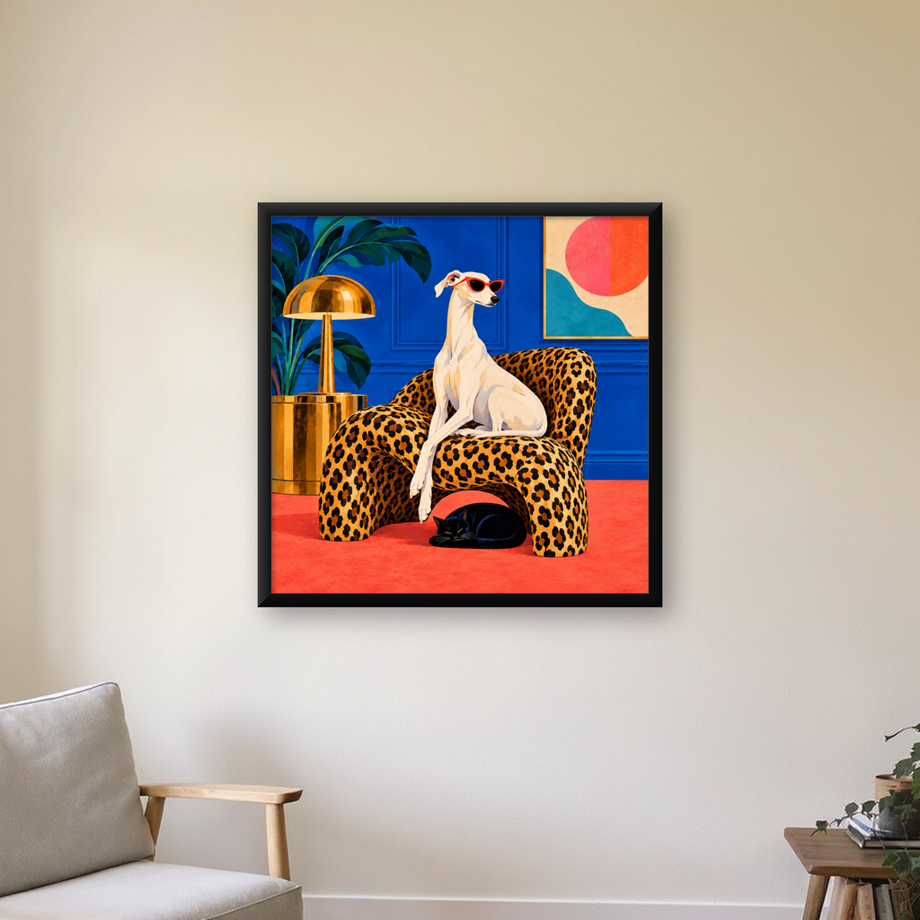 Retro Salon: Şık Köpekli ve Kedili Modern Sanat Poster — Kare baskı, çerçeveli hâliyle bir ev duvarında