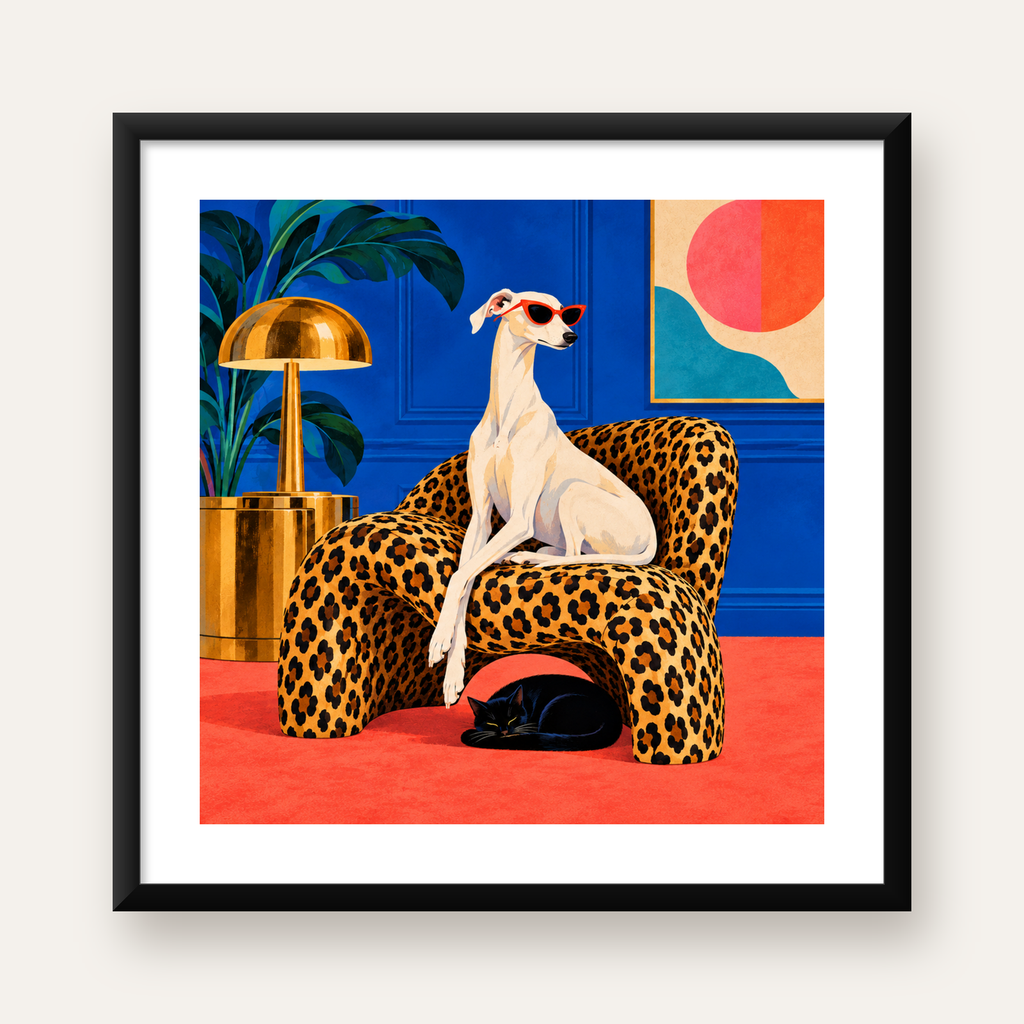 Retro Salon: Şık Köpekli ve Kedili Modern Sanat Poster — Kare baskı, beyaz kenar boşluklu
