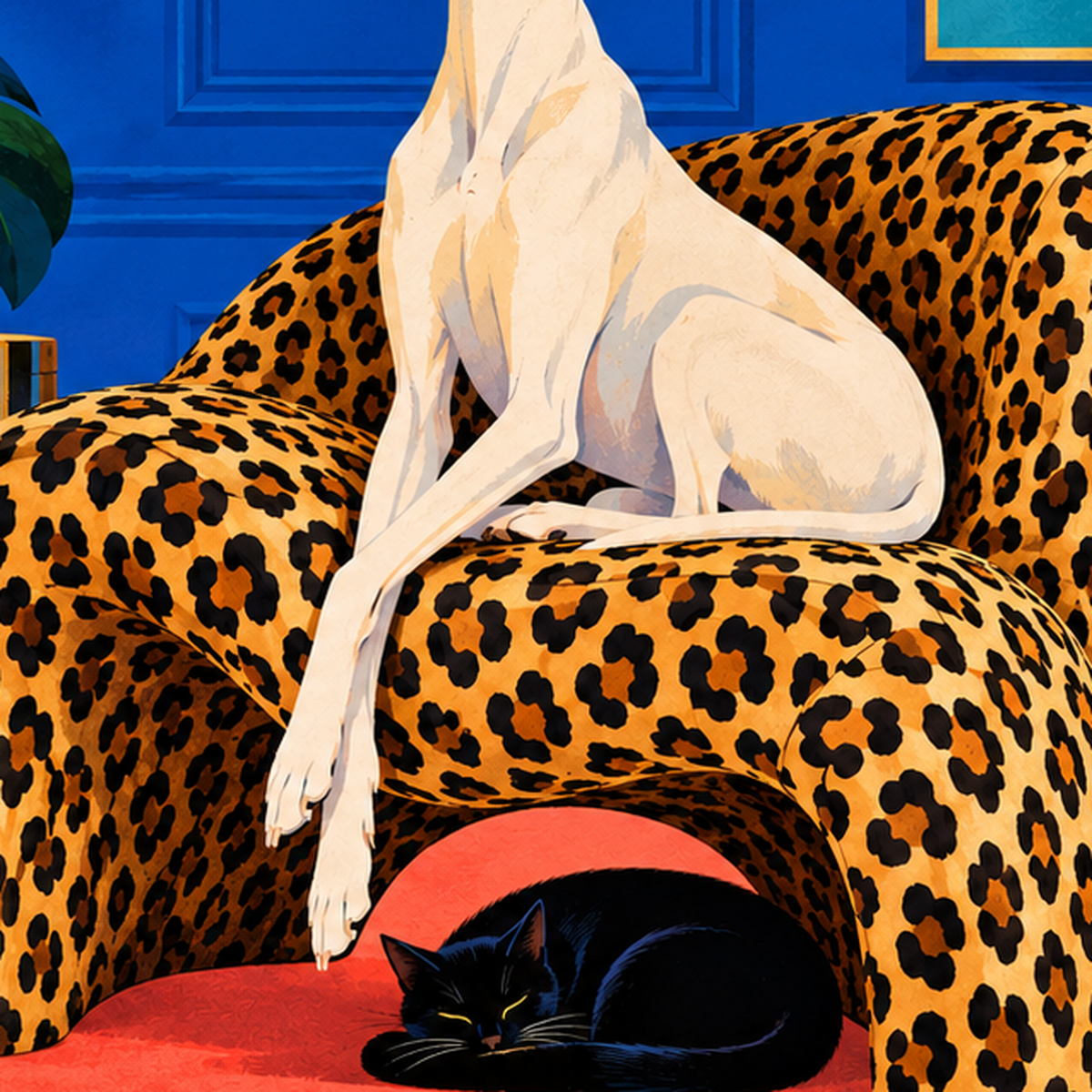 Retro Salon: Şık Köpekli ve Kedili Modern Sanat Poster — baskının yakın çekimi, kâğıt dokusu ve renk detayı