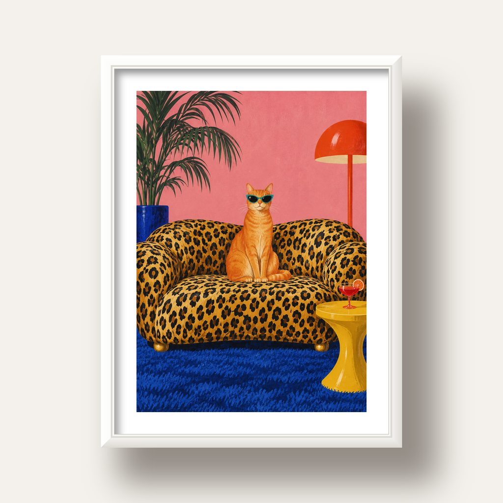 Leopar Koltukta Turkuaz Gözlü Turuncu Kedi Retro Poster — beyaz derin çerçeveli paspartulu