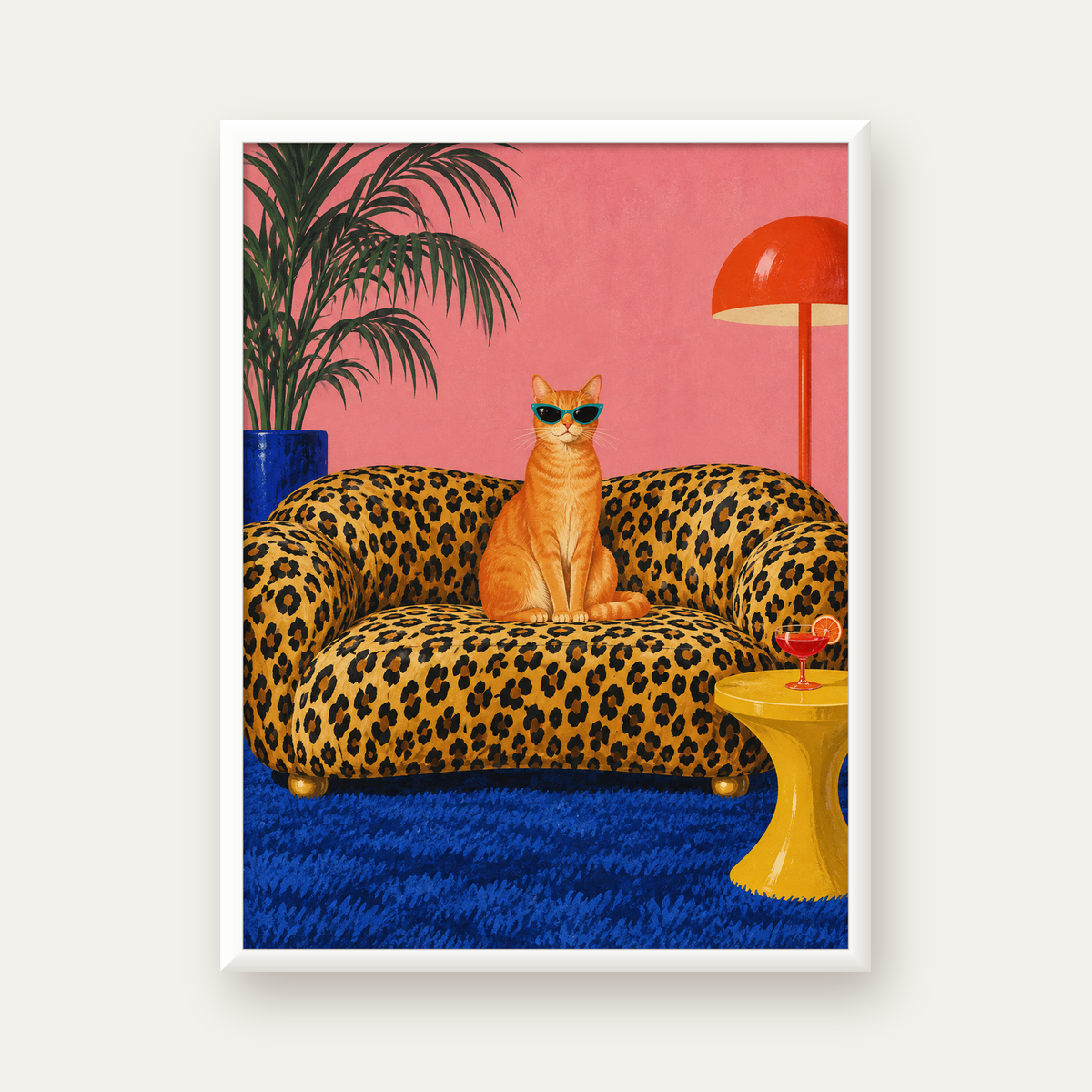 Leopar Koltukta Turkuaz Gözlü Turuncu Kedi Retro Poster — beyaz çerçeveli dikey poster