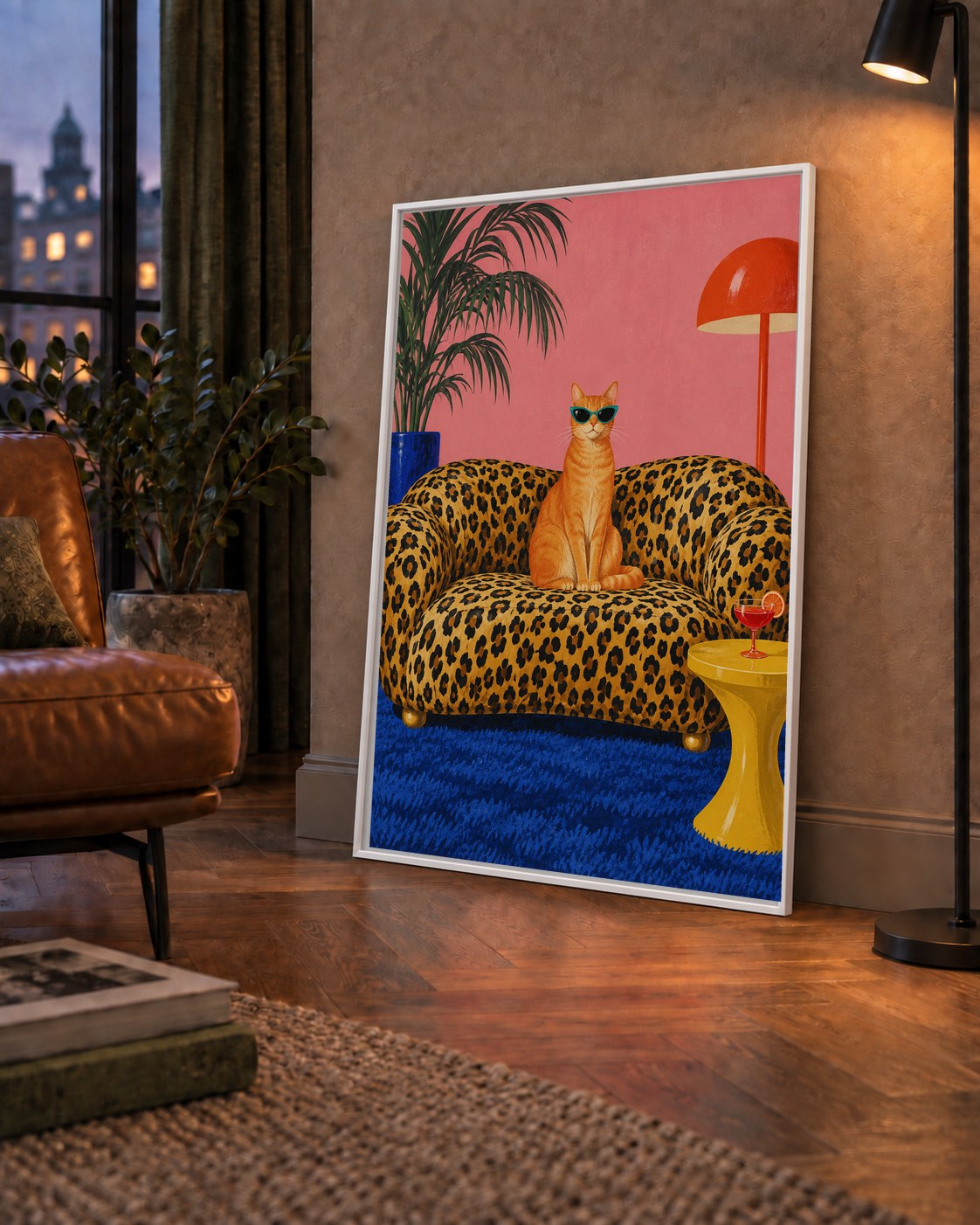 Leopar Koltukta Turkuaz Gözlü Turuncu Kedi Retro Poster — çerçeveli hâliyle bir ev duvarında