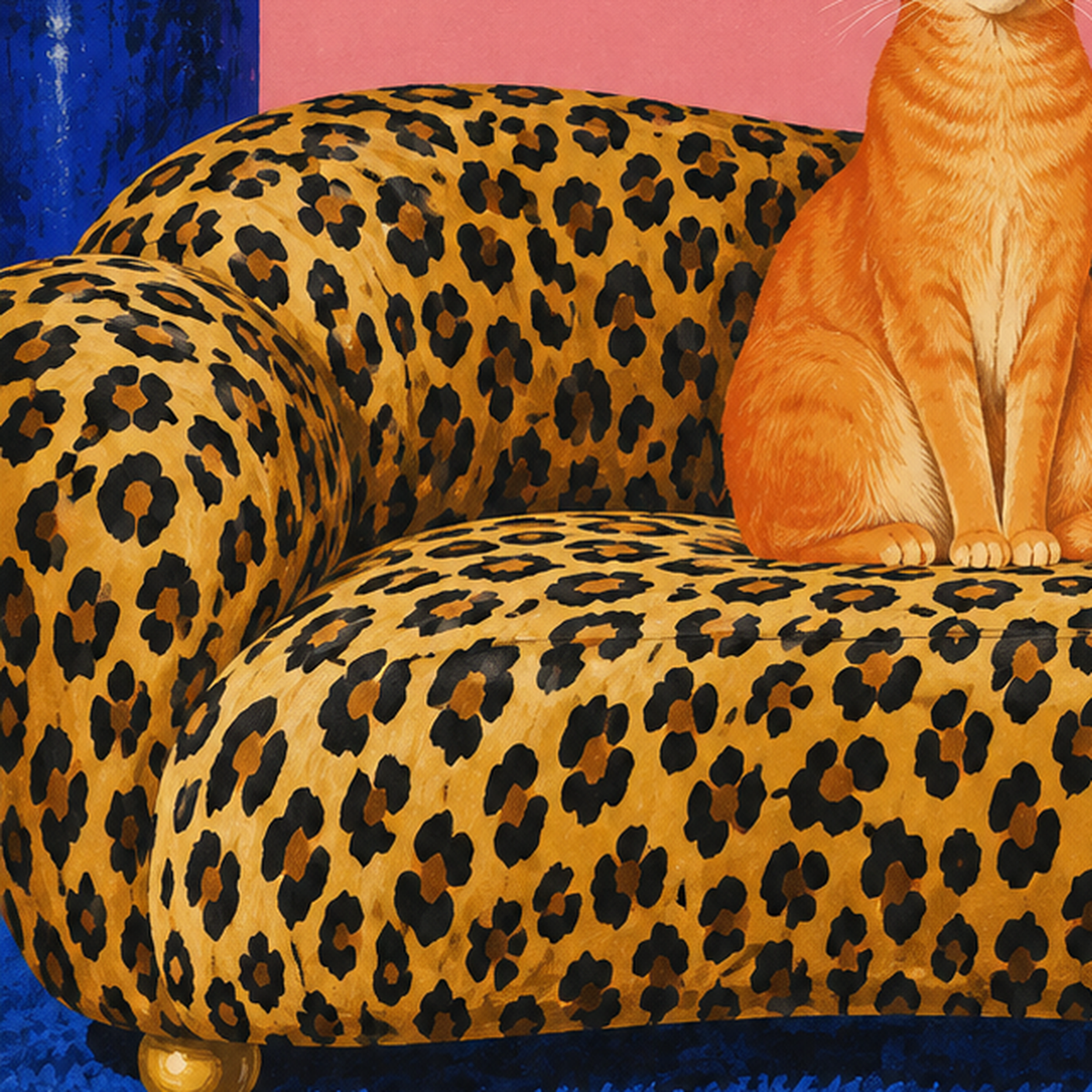 Leopar Koltukta Turkuaz Gözlü Turuncu Kedi Retro Poster — baskının yakın çekimi, kâğıt dokusu ve renk detayı