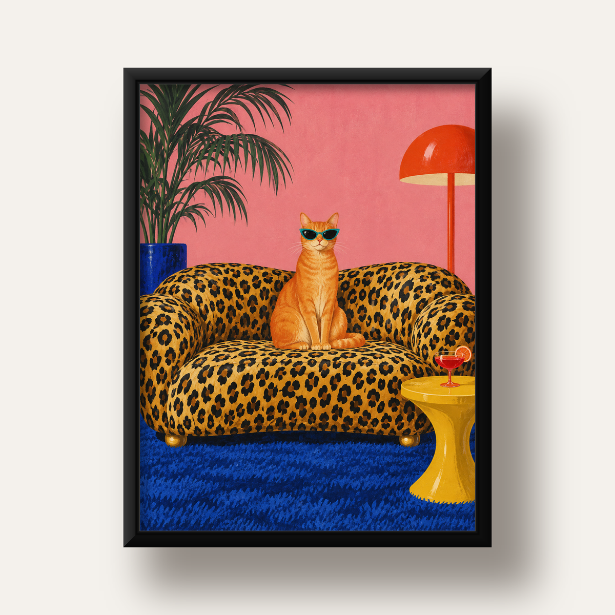 Leopar Koltukta Turkuaz Gözlü Turuncu Kedi Retro Poster — siyah derin çerçeveli