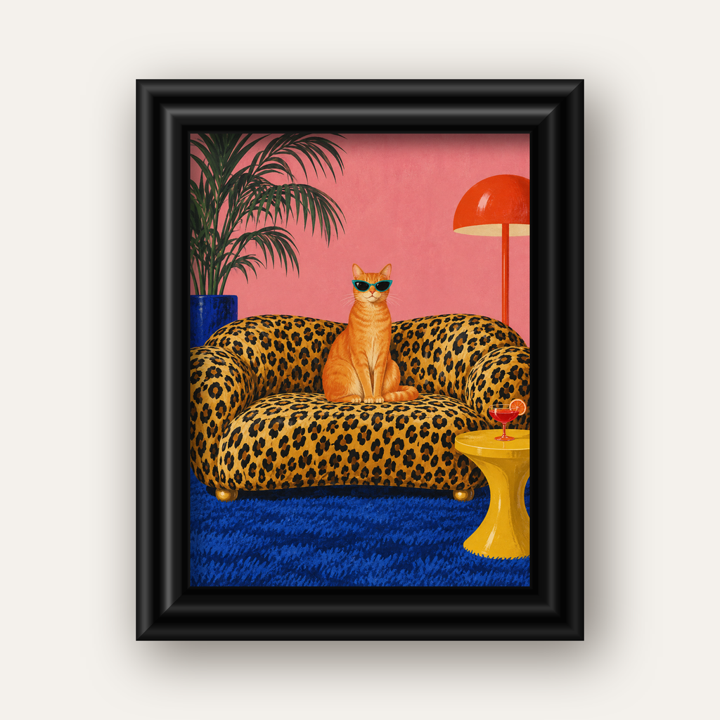 Leopar Koltukta Turkuaz Gözlü Turuncu Kedi Retro Poster — siyah galeri çerçeveli
