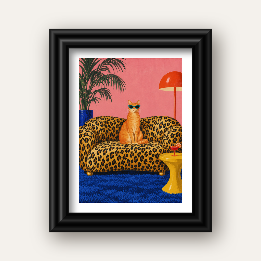 Leopar Koltukta Turkuaz Gözlü Turuncu Kedi Retro Poster — siyah galeri çerçeveli paspartulu