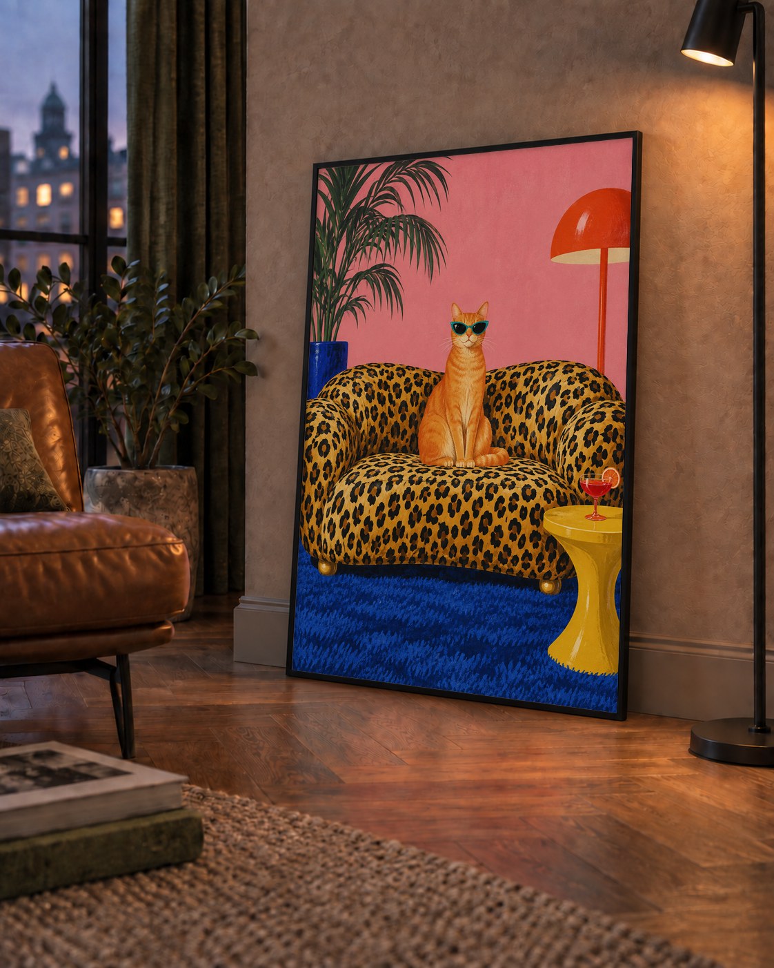 Leopar Koltukta Turkuaz Gözlü Turuncu Kedi Retro Poster — çerçeveli hâliyle bir ev duvarında