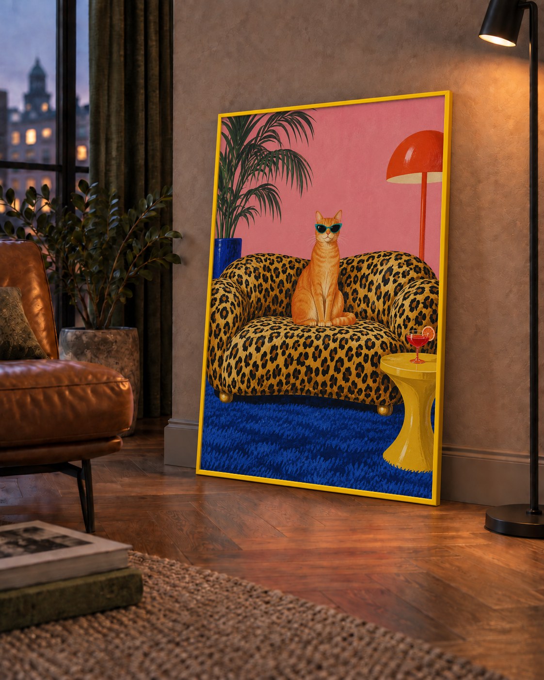 Leopar Koltukta Turkuaz Gözlü Turuncu Kedi Retro Poster — çerçeveli hâliyle bir ev duvarında