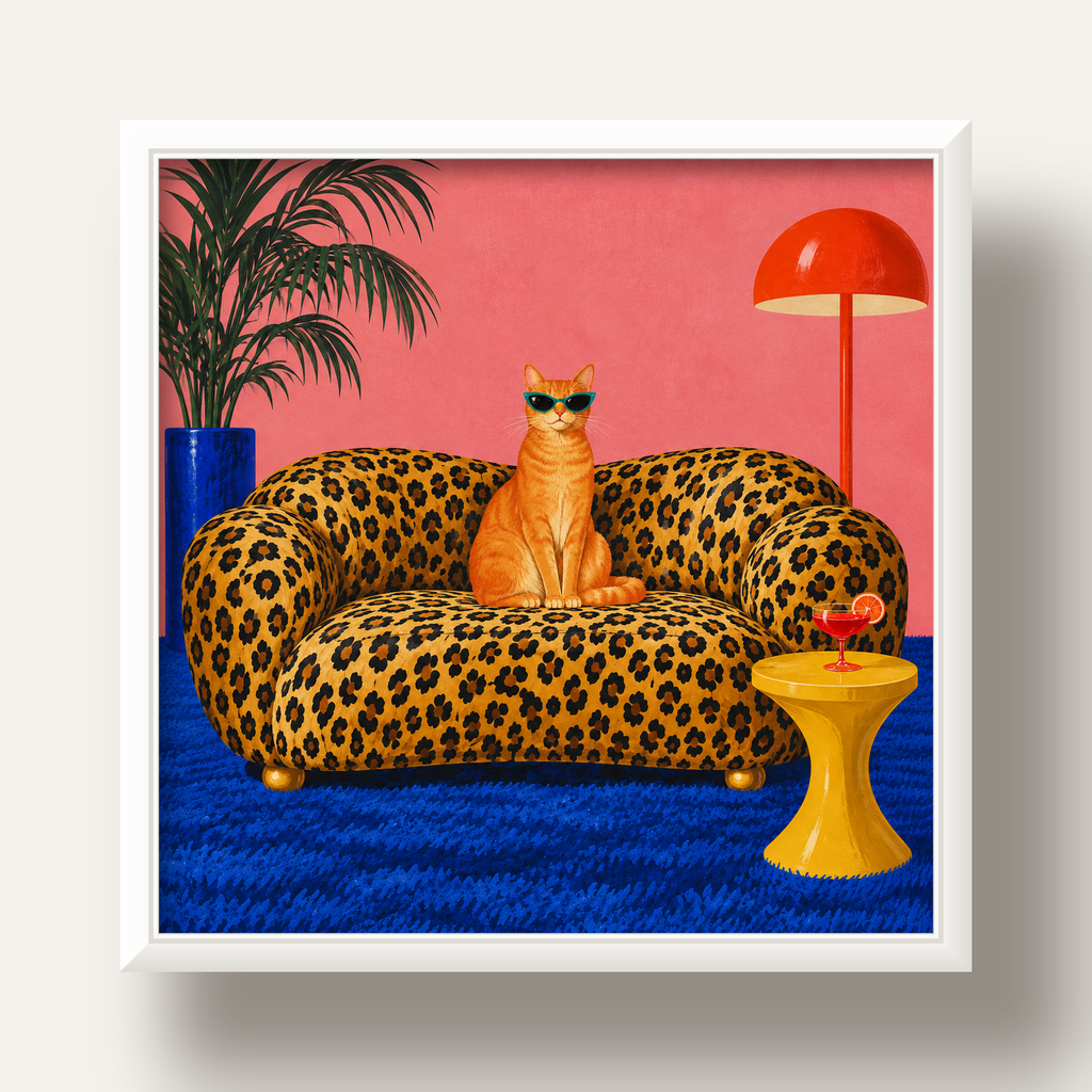 Leopar Koltukta Turkuaz Gözlü Turuncu Kedi Retro Poster — beyaz derin çerçeveli