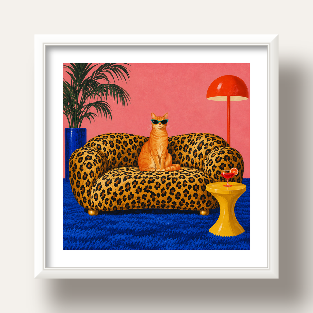Leopar Koltukta Turkuaz Gözlü Turuncu Kedi Retro Poster — beyaz derin çerçeveli paspartulu
