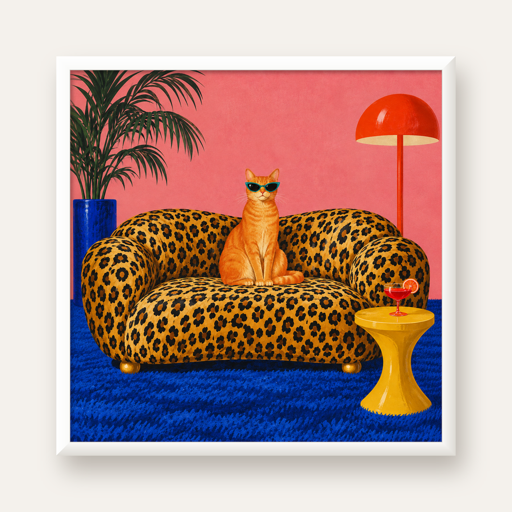 Leopar Koltukta Turkuaz Gözlü Turuncu Kedi Retro Poster — beyaz çerçeveli kare poster