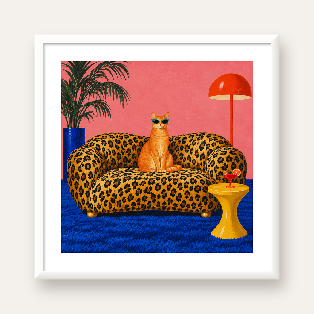 Leopar Koltukta Turkuaz Gözlü Turuncu Kedi Retro Poster — beyaz çerçeveli kare poster