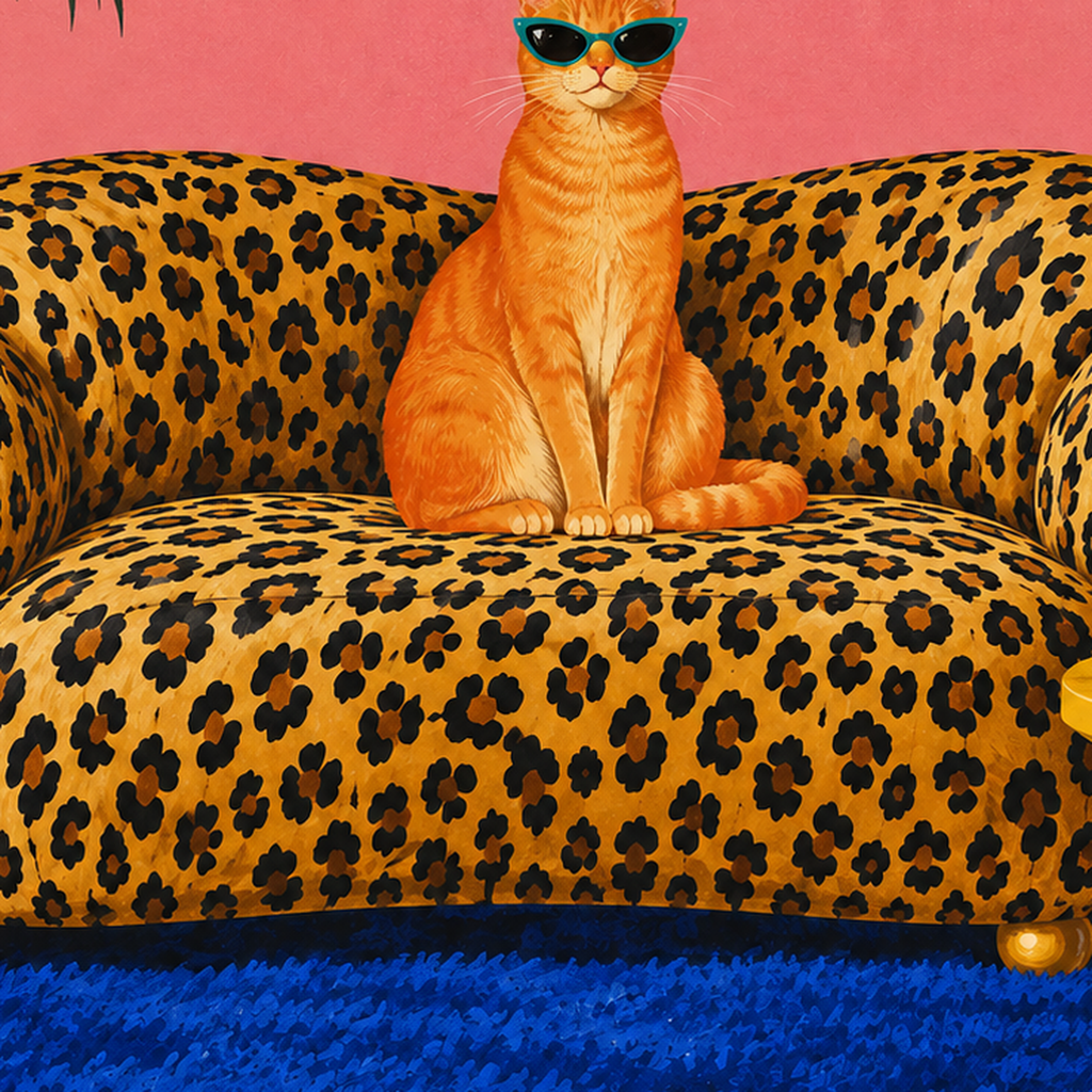Leopar Koltukta Turkuaz Gözlü Turuncu Kedi Retro Poster — baskının yakın çekimi, kâğıt dokusu ve renk detayı