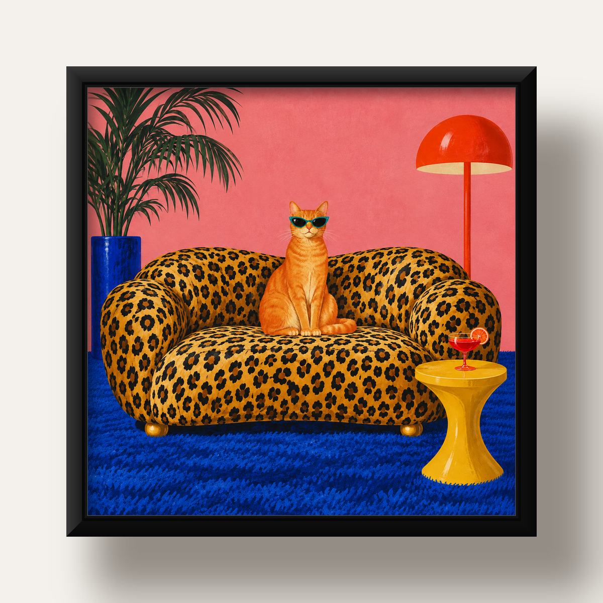 Leopar Koltukta Turkuaz Gözlü Turuncu Kedi Retro Poster — siyah derin çerçeveli