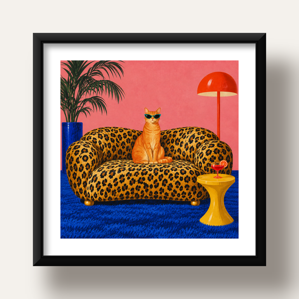 Leopar Koltukta Turkuaz Gözlü Turuncu Kedi Retro Poster — siyah derin çerçeveli paspartulu