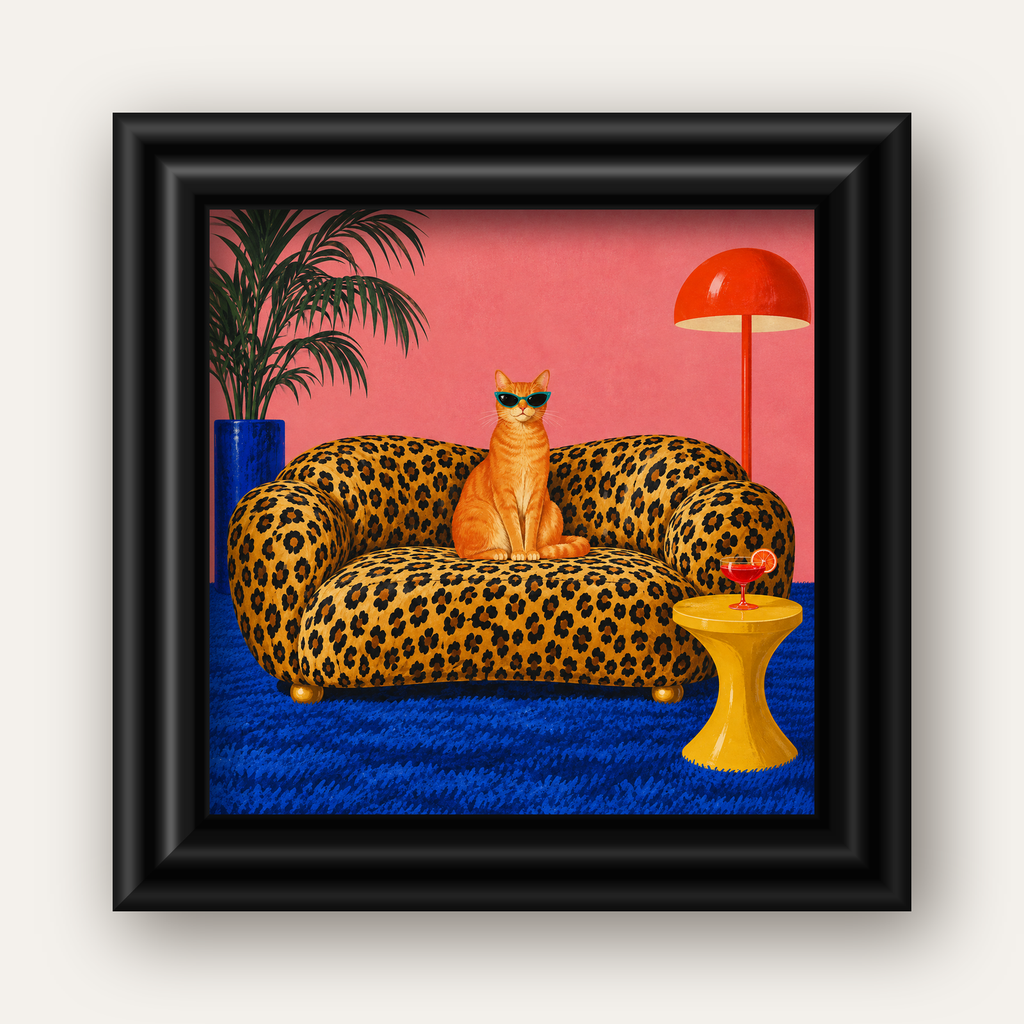 Leopar Koltukta Turkuaz Gözlü Turuncu Kedi Retro Poster — siyah galeri çerçeveli