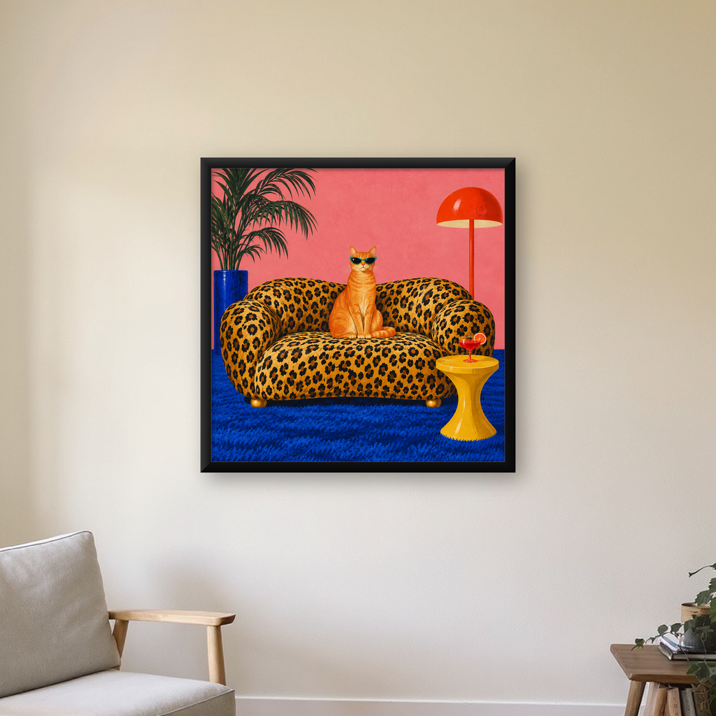 Leopar Koltukta Turkuaz Gözlü Turuncu Kedi Retro Poster — Kare baskı, çerçeveli hâliyle bir ev duvarında