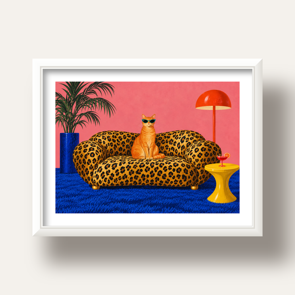 Leopar Koltukta Turkuaz Gözlü Turuncu Kedi Retro Poster — beyaz derin çerçeveli paspartulu