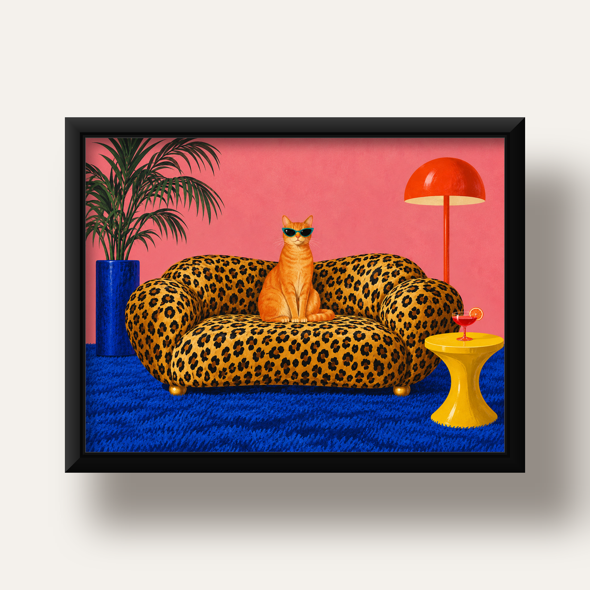 Leopar Koltukta Turkuaz Gözlü Turuncu Kedi Retro Poster — siyah derin çerçeveli