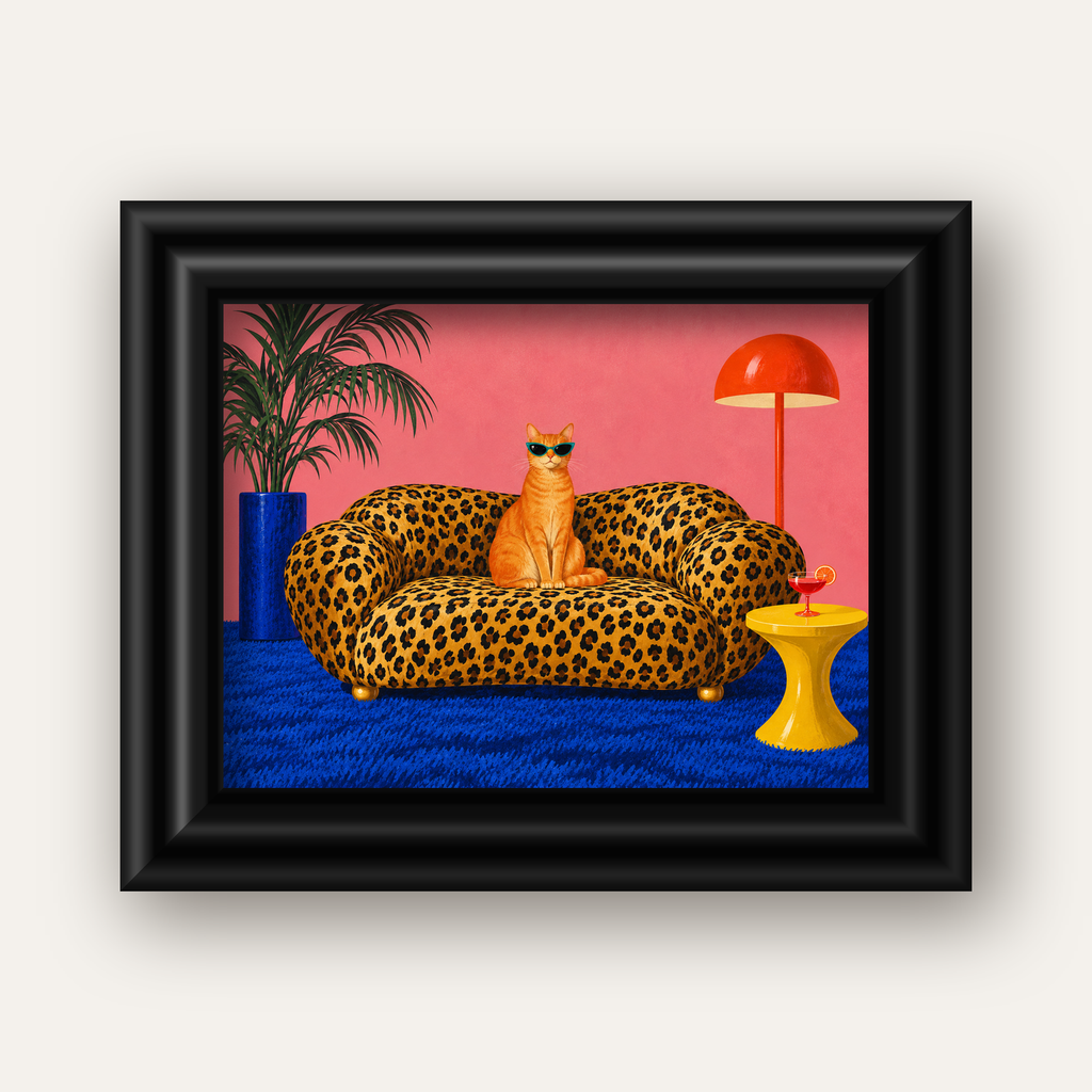 Leopar Koltukta Turkuaz Gözlü Turuncu Kedi Retro Poster — siyah galeri çerçeveli