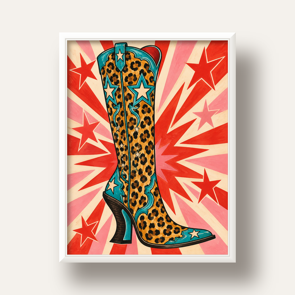 Leopar Desenli Kovboy Botu Poster – Renkli Pop Art Duvar Dekoru — beyaz derin çerçeveli