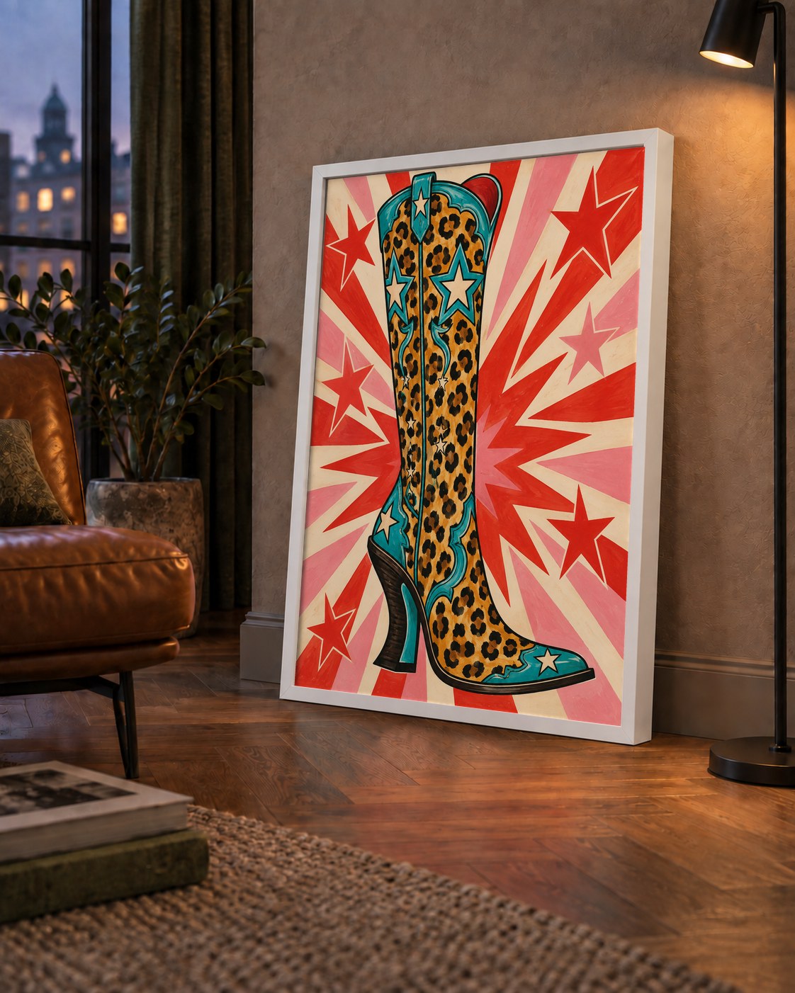 Leopar Desenli Kovboy Botu Poster – Renkli Pop Art Duvar Dekoru — çerçeveli hâliyle bir ev duvarında