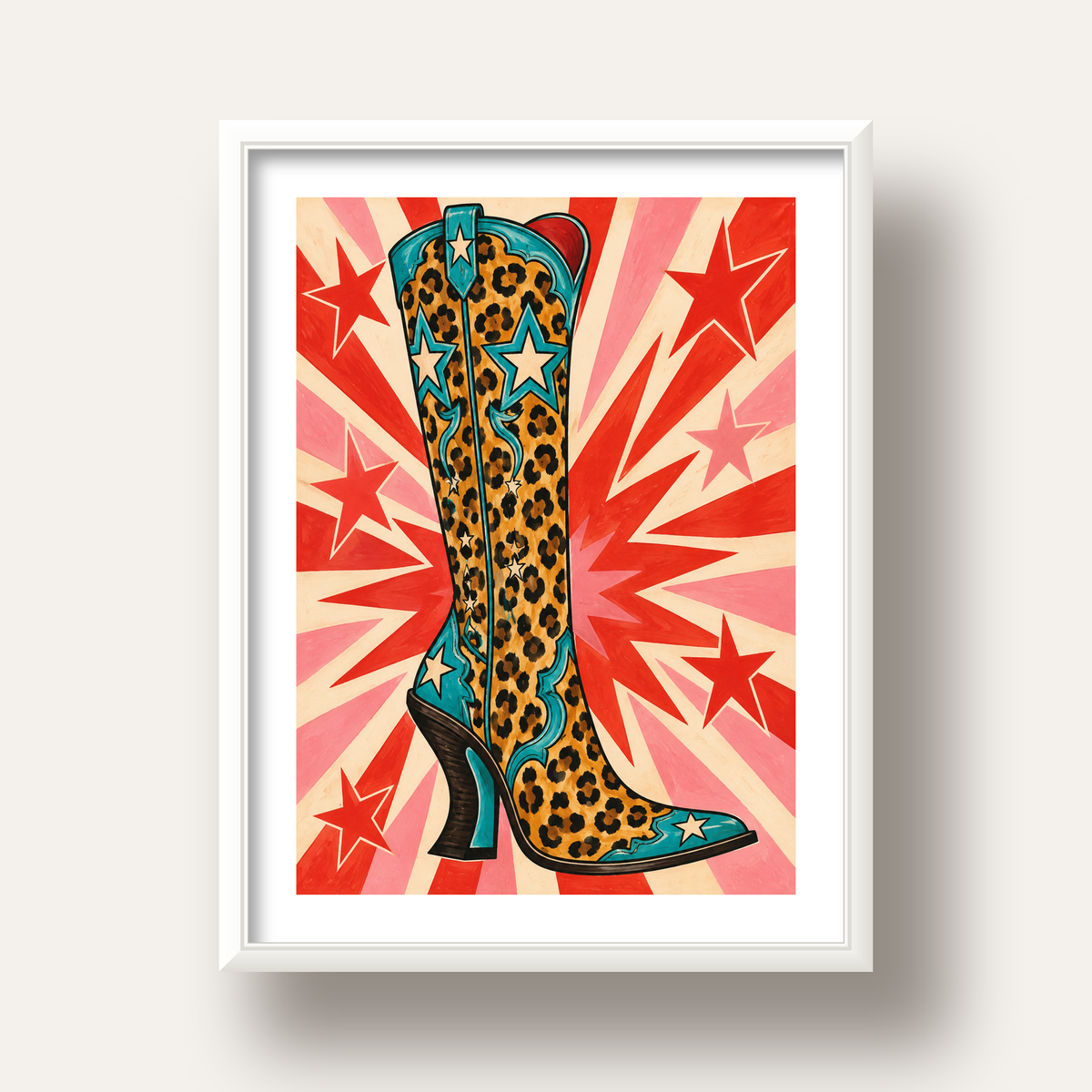Leopar Desenli Kovboy Botu Poster – Renkli Pop Art Duvar Dekoru — beyaz derin çerçeveli paspartulu