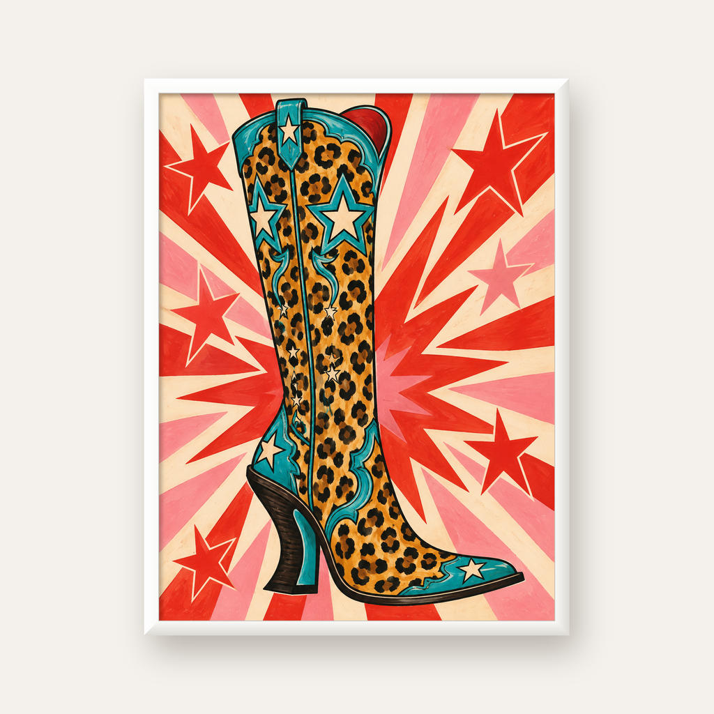 Leopar Desenli Kovboy Botu Poster – Renkli Pop Art Duvar Dekoru — beyaz çerçeveli dikey poster