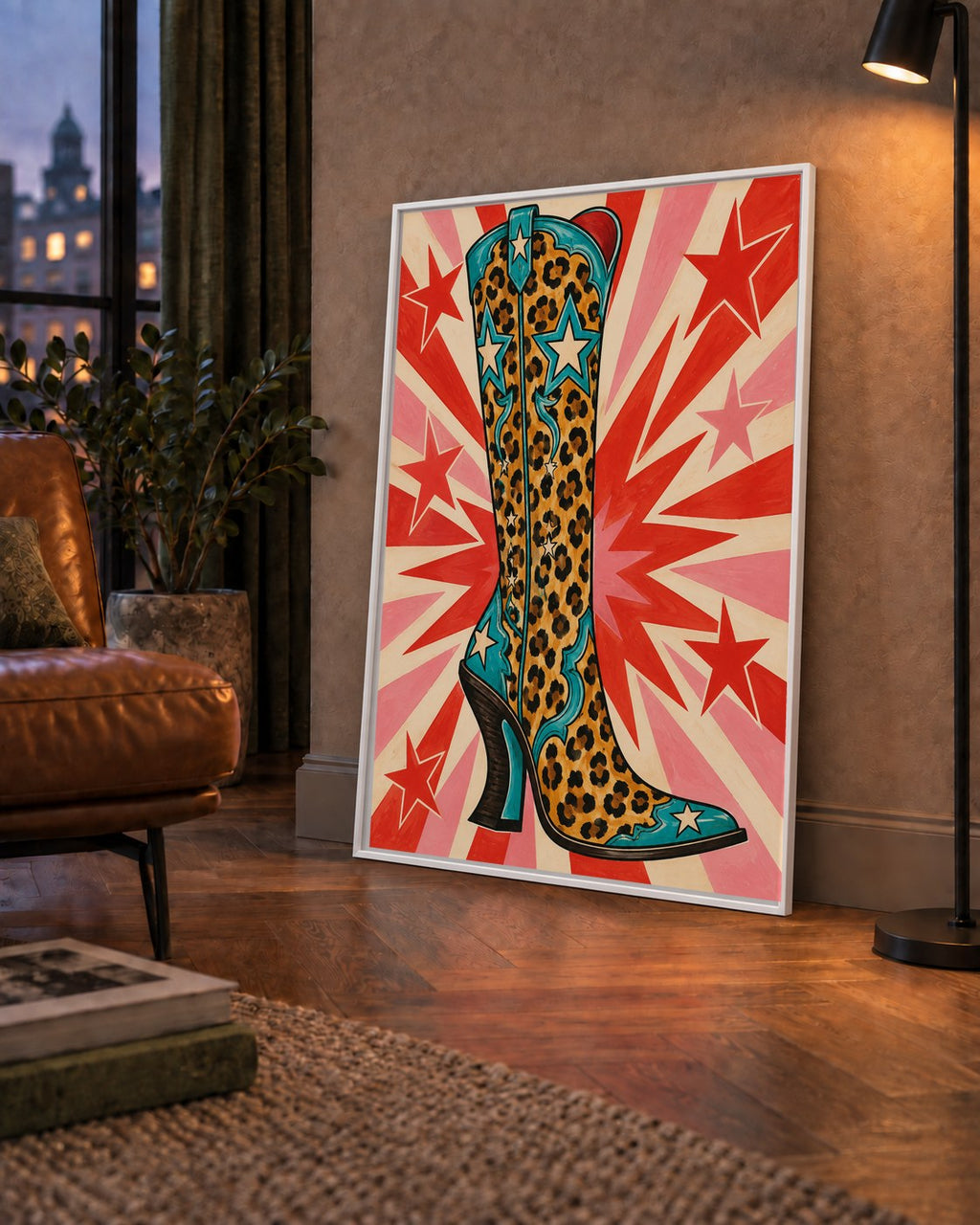 Leopar Desenli Kovboy Botu Poster – Renkli Pop Art Duvar Dekoru — çerçeveli hâliyle bir ev duvarında