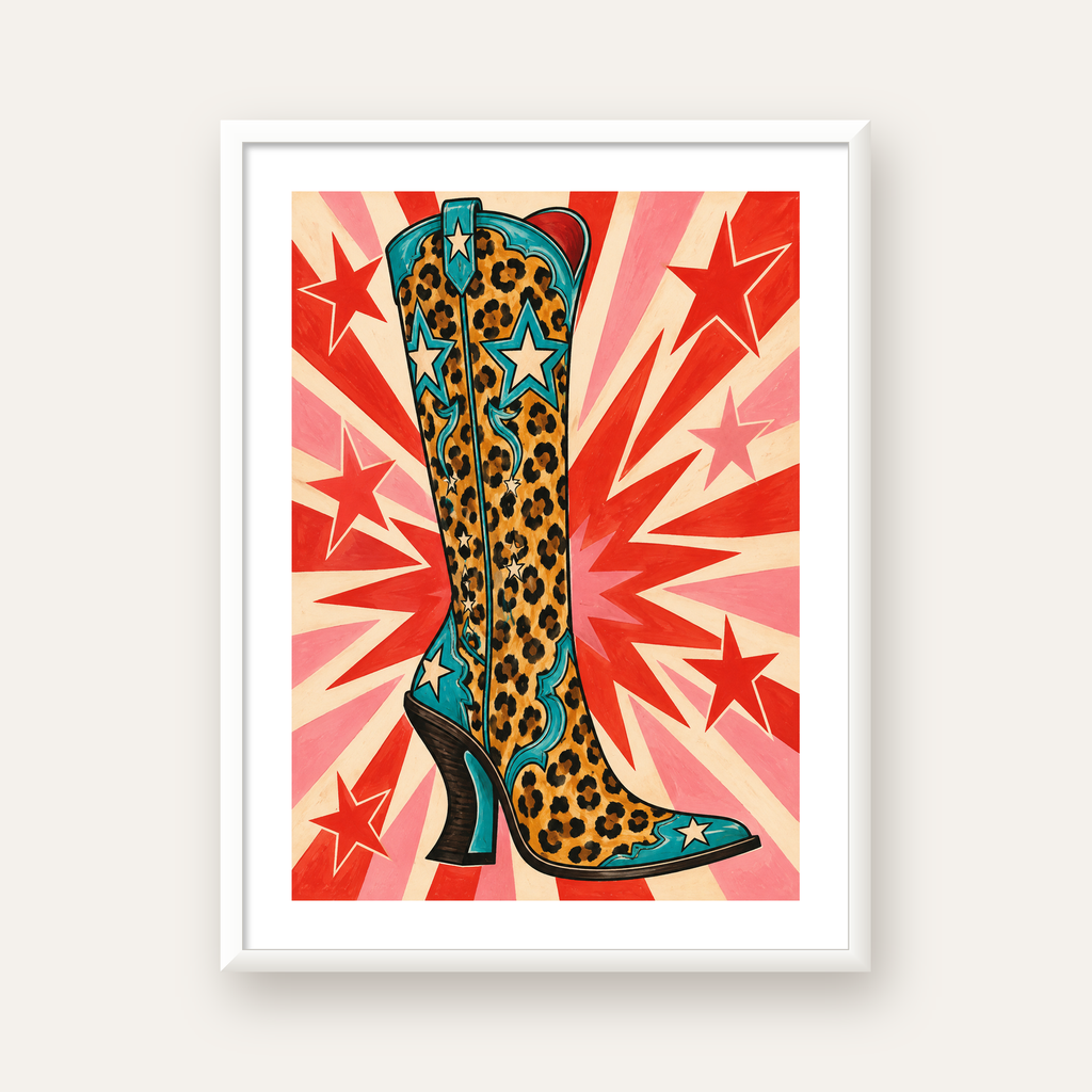 Leopar Desenli Kovboy Botu Poster – Renkli Pop Art Duvar Dekoru — beyaz çerçeveli dikey poster