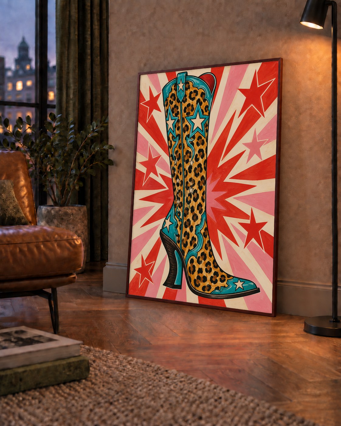 Leopar Desenli Kovboy Botu Poster – Renkli Pop Art Duvar Dekoru — çerçeveli hâliyle bir ev duvarında