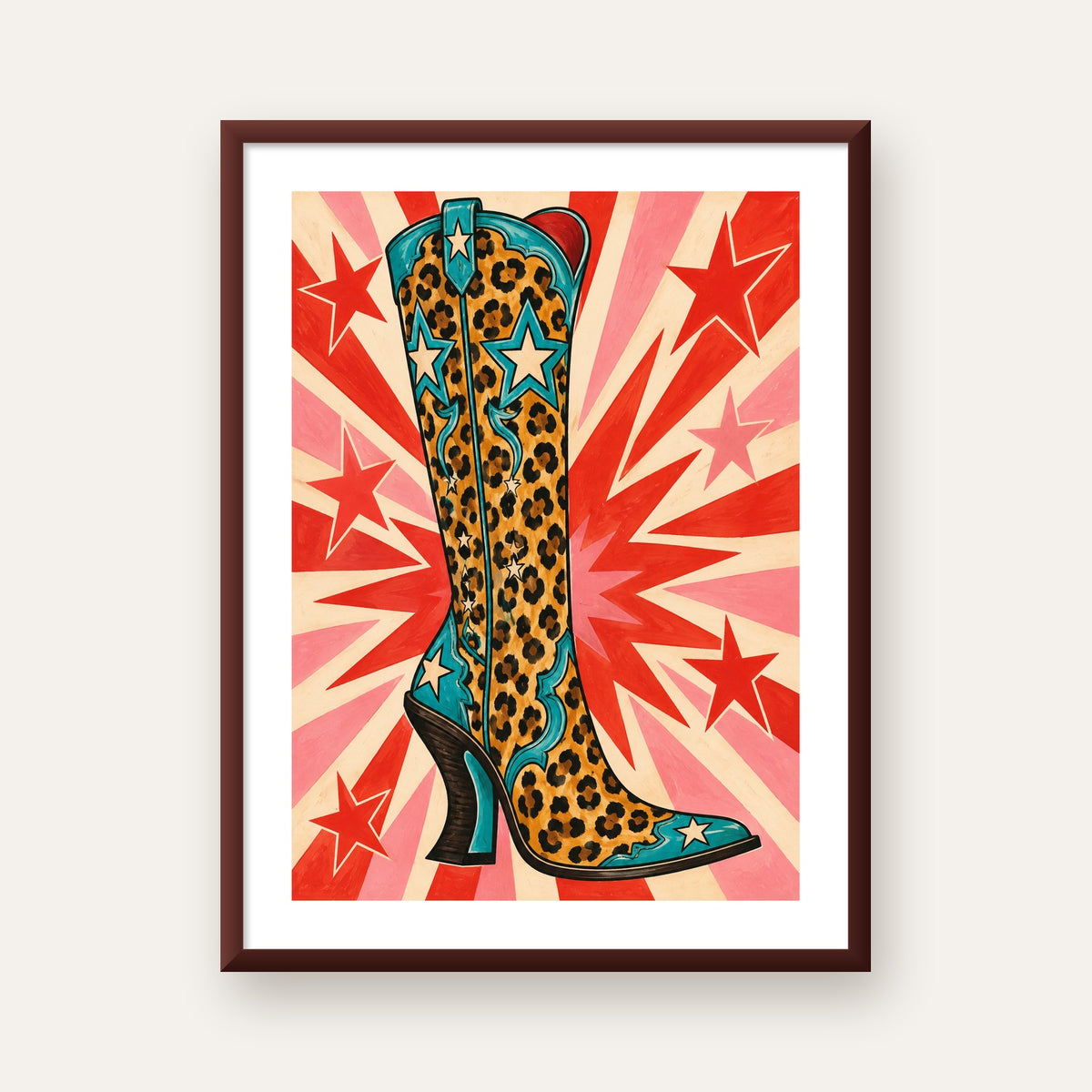 Leopar Desenli Kovboy Botu Poster – Renkli Pop Art Duvar Dekoru — ceviz çerçeveli paspartulu