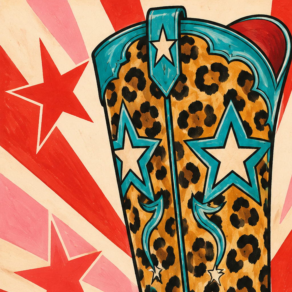 Leopar Desenli Kovboy Botu Poster – Renkli Pop Art Duvar Dekoru — baskının yakın çekimi, kâğıt dokusu ve renk detayı