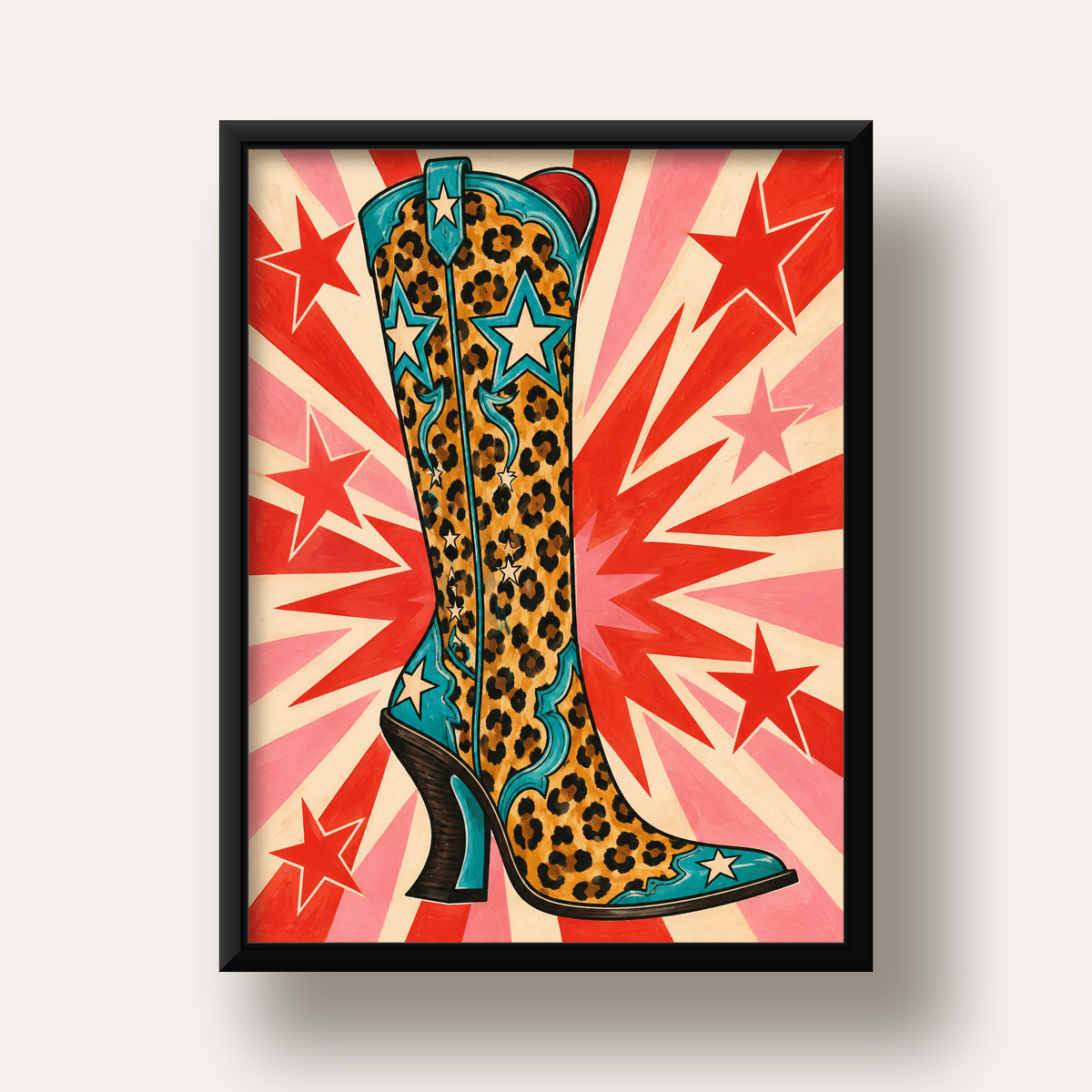 Leopar Desenli Kovboy Botu Poster – Renkli Pop Art Duvar Dekoru — siyah derin çerçeveli