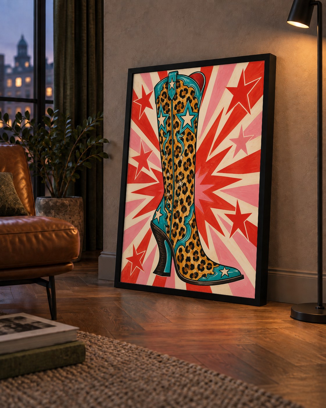 Leopar Desenli Kovboy Botu Poster – Renkli Pop Art Duvar Dekoru — çerçeveli hâliyle bir ev duvarında