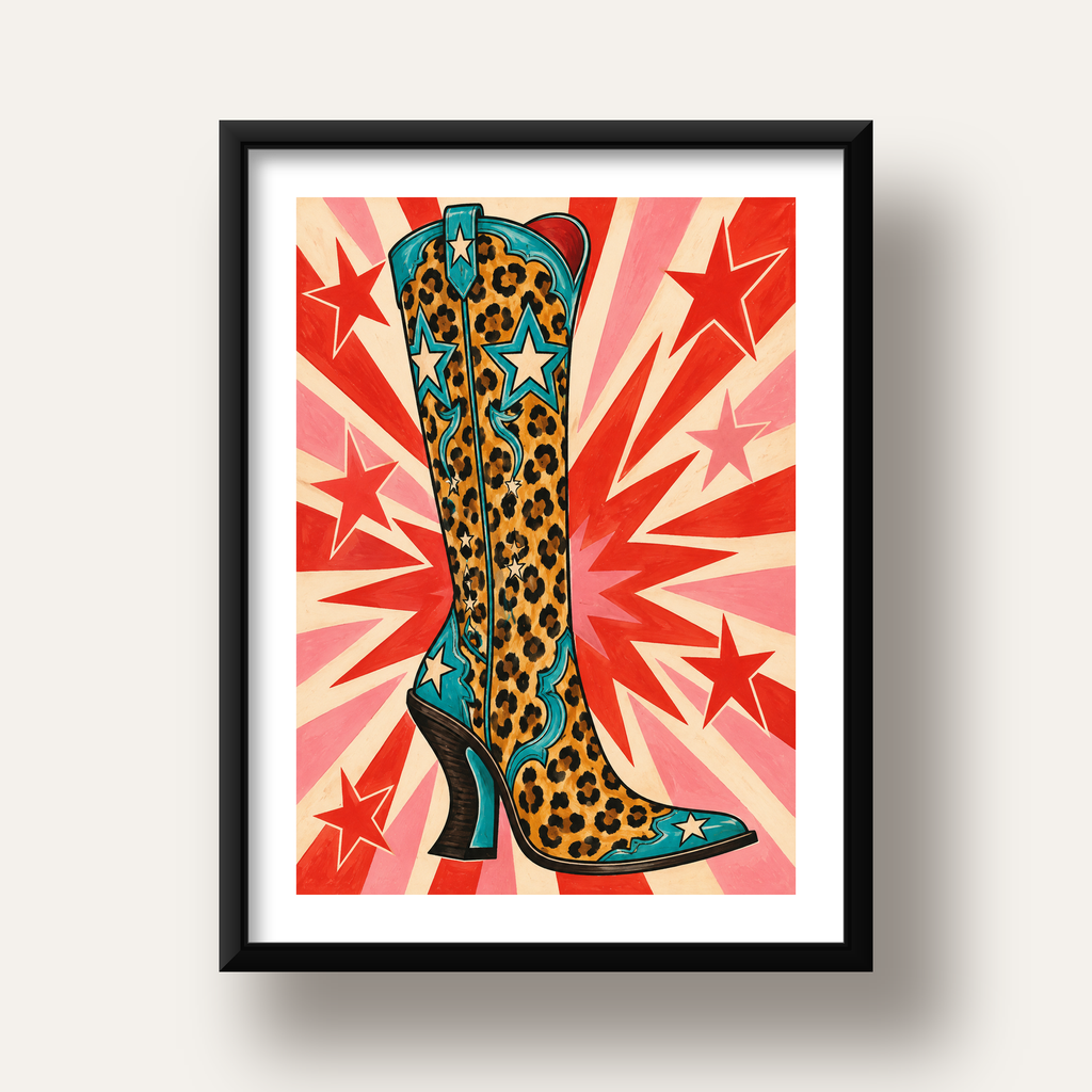 Leopar Desenli Kovboy Botu Poster – Renkli Pop Art Duvar Dekoru — siyah derin çerçeveli paspartulu