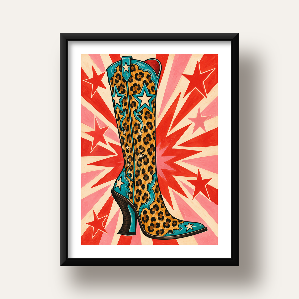 Leopar Desenli Kovboy Botu Poster – Renkli Pop Art Duvar Dekoru — siyah derin çerçeveli paspartulu