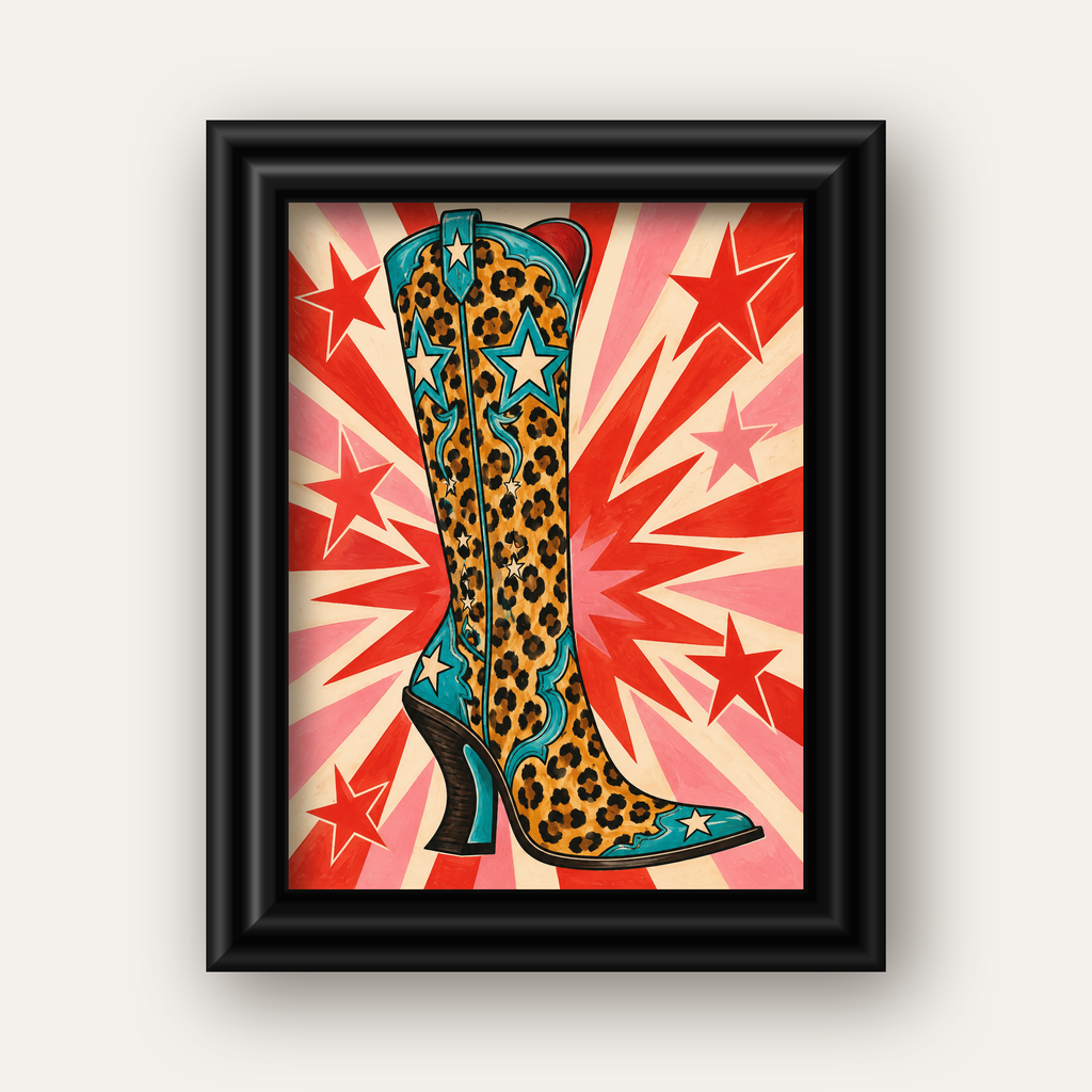 Leopar Desenli Kovboy Botu Poster – Renkli Pop Art Duvar Dekoru — siyah galeri çerçeveli