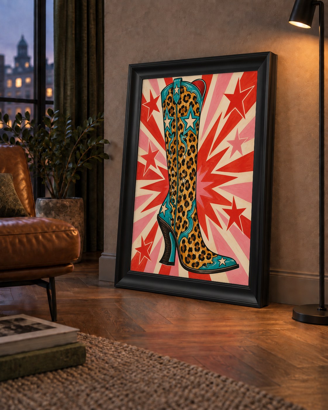 Leopar Desenli Kovboy Botu Poster – Renkli Pop Art Duvar Dekoru — çerçeveli hâliyle bir ev duvarında