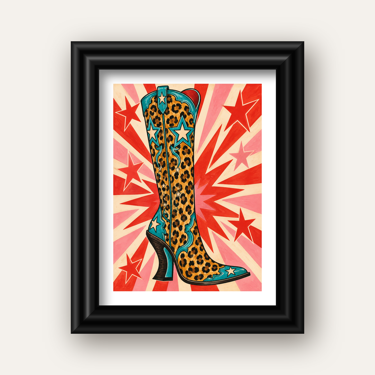 Leopar Desenli Kovboy Botu Poster – Renkli Pop Art Duvar Dekoru — siyah galeri çerçeveli paspartulu