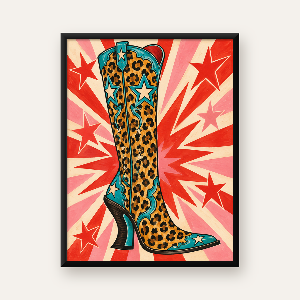 Leopar Desenli Kovboy Botu Poster – Renkli Pop Art Duvar Dekoru — Dikey baskı, düz siyah çerçeveli duvar posteri