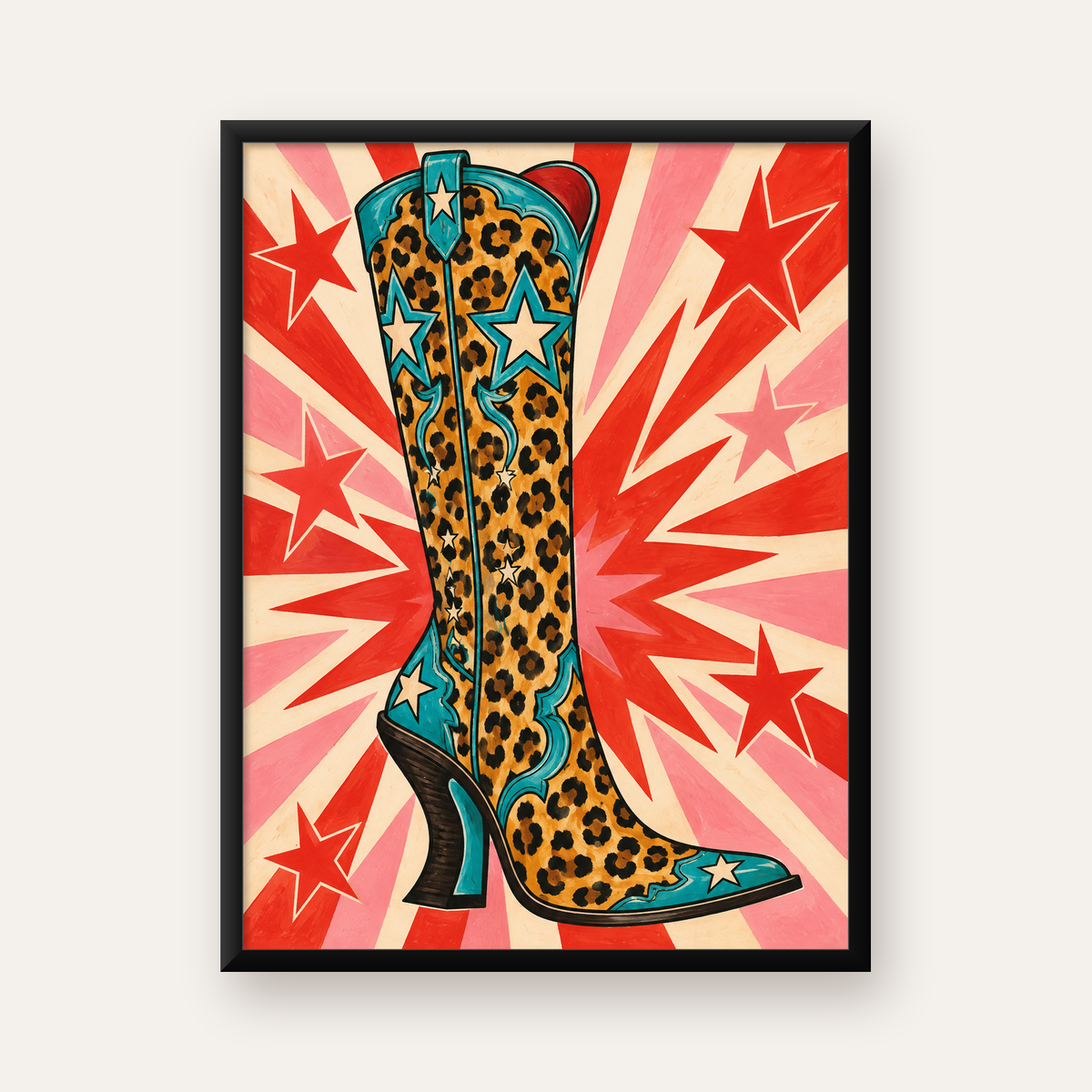 Leopar Desenli Kovboy Botu Poster – Renkli Pop Art Duvar Dekoru — Dikey baskı, düz siyah çerçeveli duvar posteri