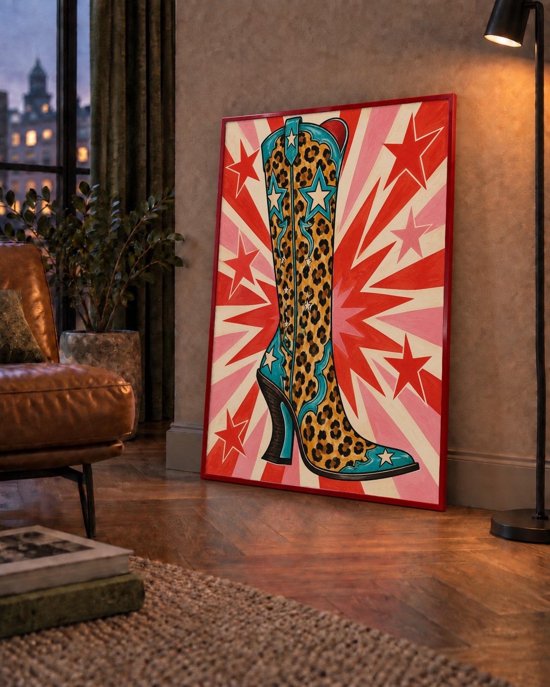 Leopar Desenli Kovboy Botu Poster – Renkli Pop Art Duvar Dekoru — çerçeveli hâliyle bir ev duvarında