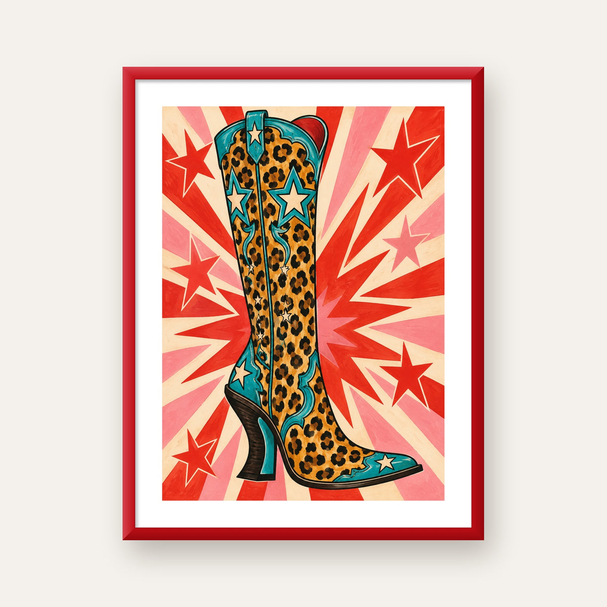 Leopar Desenli Kovboy Botu Poster – Renkli Pop Art Duvar Dekoru — kırmızı çerçeveli paspartulu