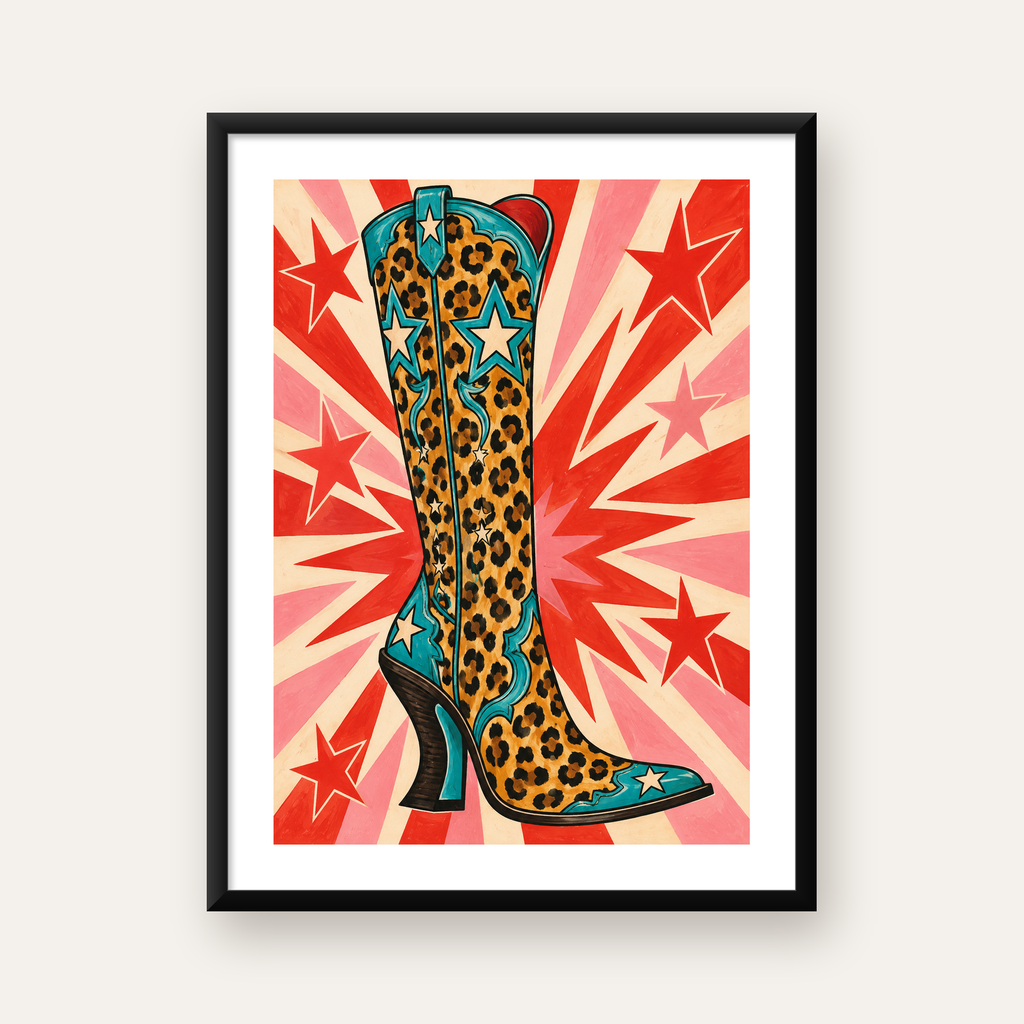 Leopar Desenli Kovboy Botu Poster – Renkli Pop Art Duvar Dekoru — Dikey baskı, beyaz paspartulu