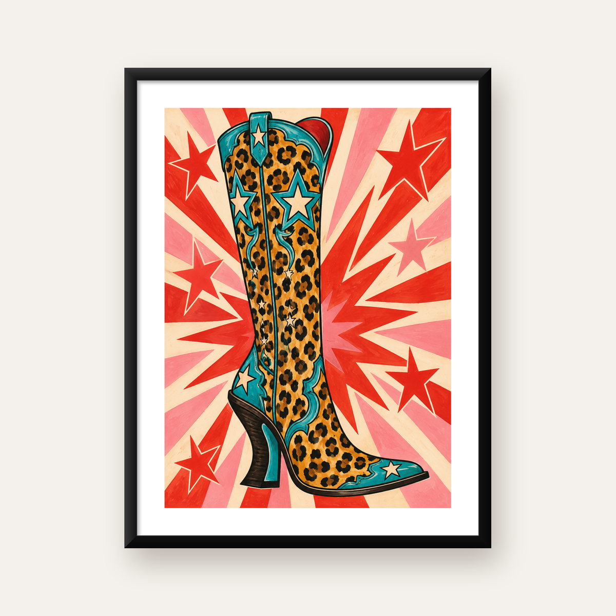 Leopar Desenli Kovboy Botu Poster – Renkli Pop Art Duvar Dekoru — Dikey baskı, beyaz paspartulu