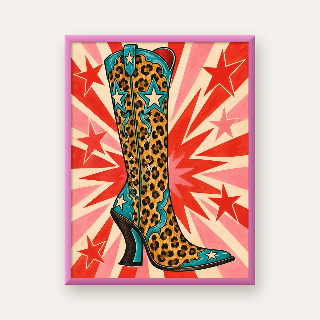 Leopar Desenli Kovboy Botu Poster – Renkli Pop Art Duvar Dekoru — pembe çerçeveli