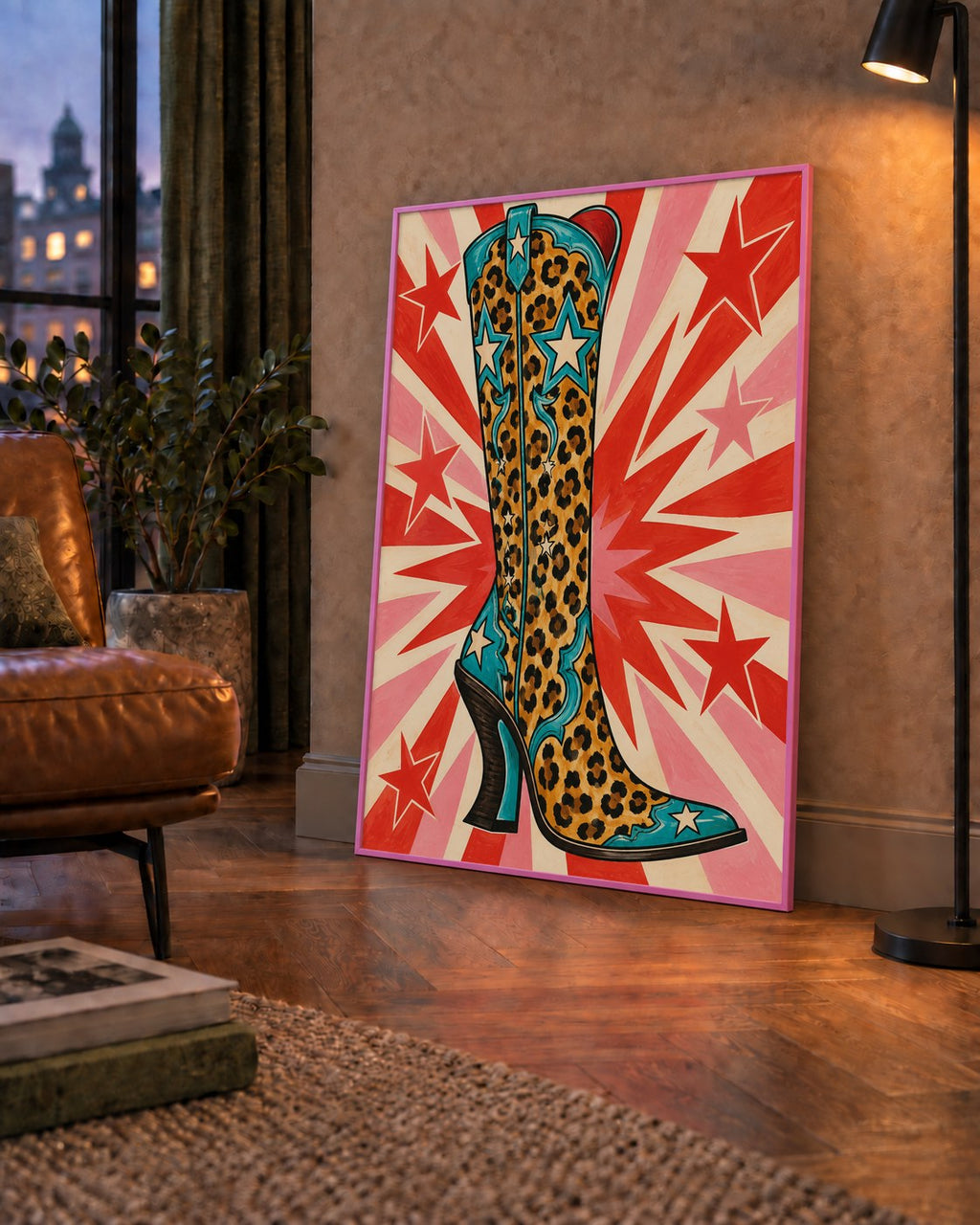 Leopar Desenli Kovboy Botu Poster – Renkli Pop Art Duvar Dekoru — çerçeveli hâliyle bir ev duvarında