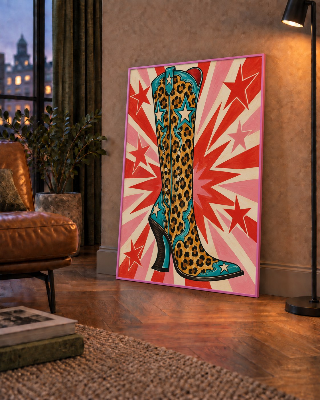 Leopar Desenli Kovboy Botu Poster – Renkli Pop Art Duvar Dekoru — çerçeveli hâliyle bir ev duvarında